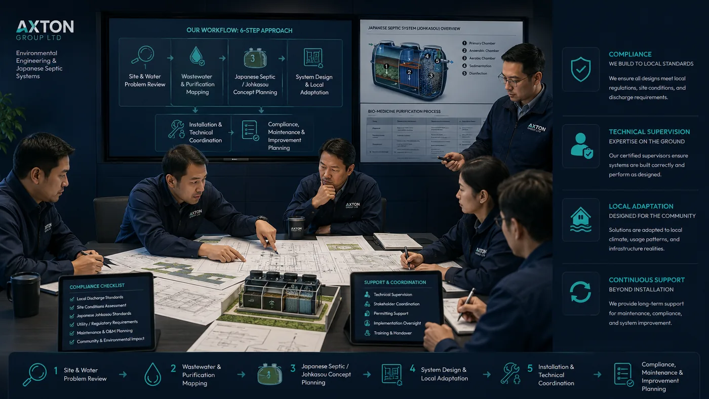 Environmental engineering workflow, compliance, technical supervision, local adaptation, and support coordination